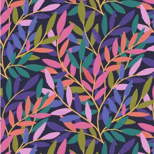 May include: A repeating pattern of colorful leaves and branches. The leaves are in shades of pink, purple, blue, green, and orange, with yellow branches against a dark navy background. The design has a hand-painted look.