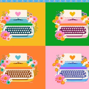 May include: A colorful illustration features four typewriters, each in a different color: blue, pink, yellow, and orange. Each typewriter has a heart on the paper and is surrounded by flowers. The background is divided into four color-blocked squares.