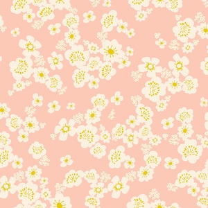 May include: A repeating pattern of white and yellow floral blossoms on a soft pink background. The flowers are clustered and scattered across the surface, creating a delicate and airy design. The pattern is suitable for fabric or wallpaper.