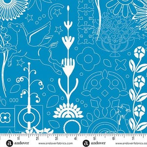 May include: White line art design on a turquoise blue background. The design features a variety of abstract shapes, including flowers, stars, and geometric patterns. The design is repeated throughout the fabric.