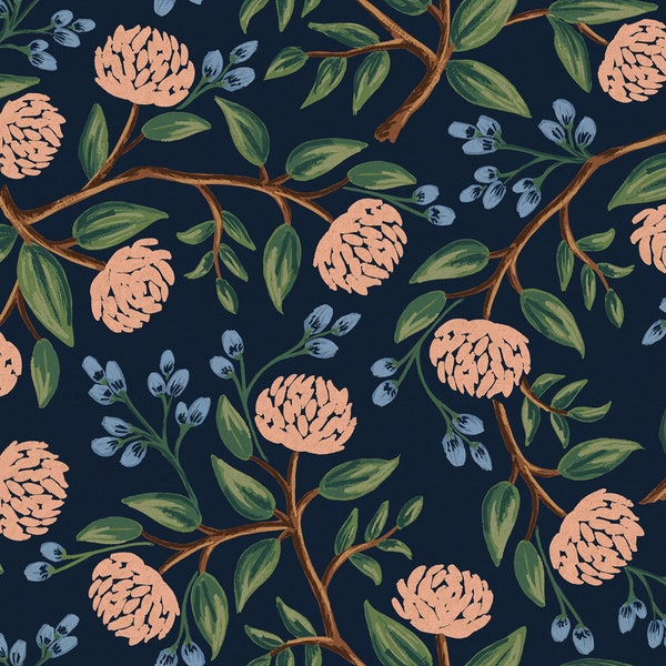 Rifle Paper Co. - Wildwood - Peonies - Blue Canvas Fabric-sold by the half yard, cut continuously