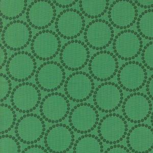 May include: A seamless fabric pattern featuring a repeating design of interconnected circles. Each circle is outlined with small, dark green dots against a solid, bright green background. The overall effect is a textured, geometric design suitable for various applications.