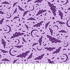 May include: A light purple fabric with a repeating pattern of dark purple bats, crescent moons, and stars. The bats are in various poses, and the stars and moons are scattered across the fabric. The fabric has a Halloween theme.