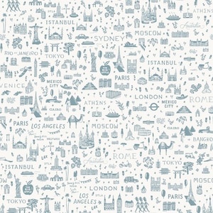 Rifle Paper Co. - Bon Voyage - World Traveler Silhouette - Blue Fabric-sold by the half yard, cut continuously