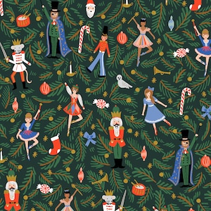 May include: A whimsical Christmas-themed pattern featuring illustrations of nutcrackers, ballerinas, and magical figures. The design includes candy canes, ornaments, and fir tree branches on a dark green background. Gold stars and dots add a festive touch to this holiday design.