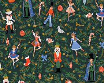 Rifle Paper Co. - Holiday Classics - Nutcracker- Evergreen Metallic Fabric-sold by the half yard, cut continuously