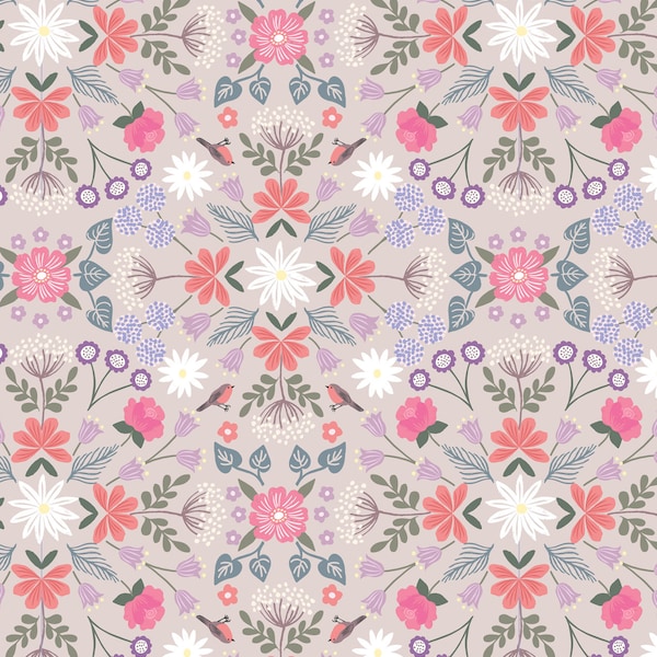 Lewis & Irene - Secret Garden - Robin Floral Light Beige Fabric-sold by the half yard, cut continuously