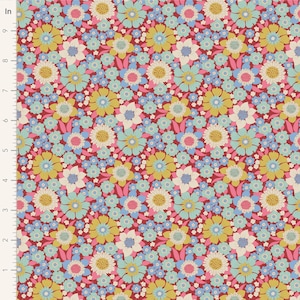 May include: A floral fabric with a repeating pattern of large and small flowers in shades of yellow, white, blue, and pink on a red background. The fabric is likely cotton or a similar material, suitable for quilting or apparel.