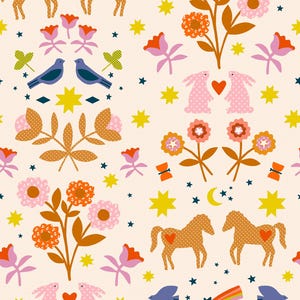 May include: A whimsical pattern featuring horses, birds, rabbits, flowers, stars, moons, and rainbows. The design uses a soft color palette of pink, orange, yellow, and blue on a cream background. The repeating pattern is suitable for fabric or wallpaper.