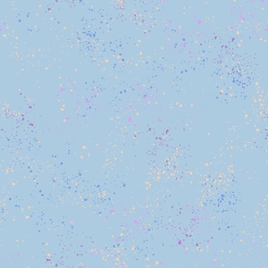 May include: A light blue background with a scattered pattern of small, light blue, pink, and beige dots.