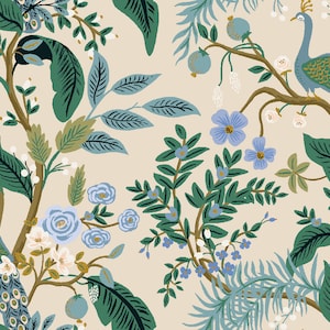 Rifle Paper Co. - Vintage Garden - Peacock - Cream Metallic Fabric-sold by the half yard, cut continuously