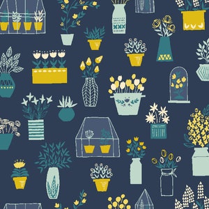 RJR Fabrics - Sunday Afternoon - Flower Shop - Navy Fabric-sold by the half yard, cut continuously