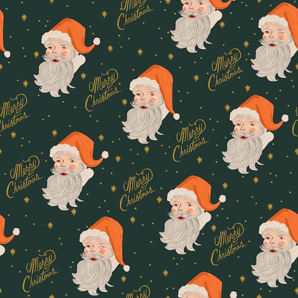 Rifle Paper Co. - Holiday Classics II - Santa - Evergreen Metallic Fabric-sold by the half yard, cut continuously