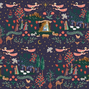 May include: A repeating pattern featuring a nativity scene with angels, the three wise men, and various animals. The design includes a dark blue background with stars, crescent moons, and floral elements in red, green, and gold.