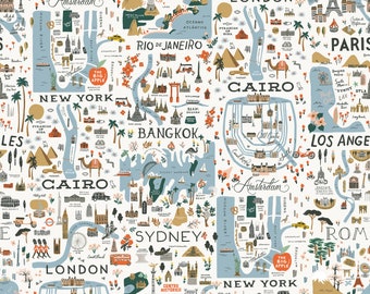 Rifle Paper Co. - Bon Voyage - City Guide - White Fabric-sold by the half yard, cut continuously