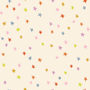 May include: A seamless pattern with colorful stars on a light beige background. The stars are in various shades of pink, orange, yellow, blue, and purple.