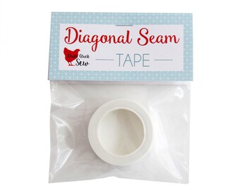 May include: A roll of white diagonal seam tape in a clear plastic bag with a label that says "Diagonal Seam Tape" and a red chicken illustration with the text "Cluck Cluck Sew".