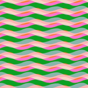 May include: A vibrant, repeating pattern of layered, wavy lines. The design features alternating bands of green, light pink, orange, and light blue, creating a sense of depth and movement. The overall aesthetic is modern and playful.