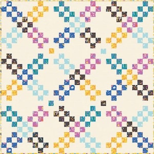 May include: A colorful quilt with a repeating pattern of squares in various colors including blue, yellow, purple, and black. The squares are arranged in a diagonal grid on a cream-colored background, with a patterned border.