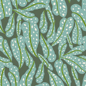 May include: A seamless pattern featuring stylized leaves in shades of teal and green against a muted olive-green background. The leaves are dotted with white spots and have a central green vein, creating a botanical design.