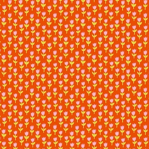 May include: A repeating pattern on a vibrant orange background featuring small, stylized pink tulips with light yellow stems and leaves arranged in neat, vertical rows across the entire surface of the fabric or paper material.