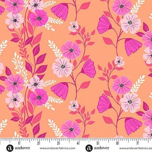 May include: A peach-colored fabric with a repeating pattern of pink and white flowers. The flowers are arranged in a vertical line and are surrounded by green leaves.