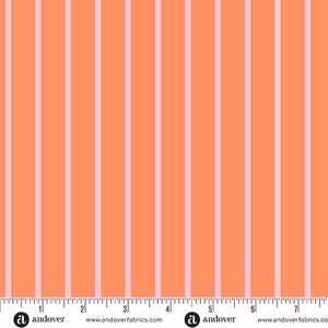 May include: A fabric swatch with vertical stripes in shades of orange and pink. The fabric is measured in inches with the Andover Fabrics logo and website address printed at the bottom.