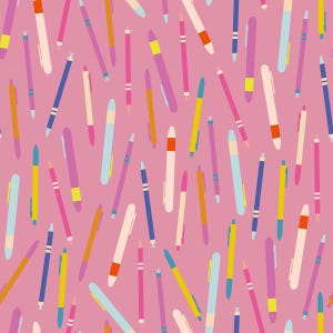 May include: A pattern of colorful pens in various shades of pink, blue, yellow, and orange against a solid pink background. The pens are scattered across the image, creating a playful and artistic design. The pens have different colored caps and accents.