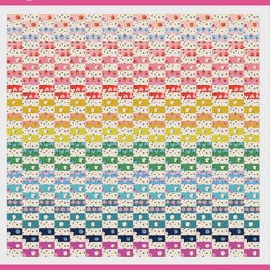 May include: A colorful quilt pattern titled "Charm Pack Split." The design features a repeating pattern of small, square blocks in a rainbow gradient. Each block contains a small, stylized design. The text "a charm pack and layer cake friendly quilt pattern" is also visible.