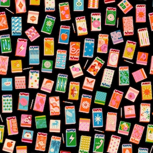 May include: A pattern of colorful matchboxes with various designs, including flowers, fruits, and geometric shapes, set against a black background. The matchboxes are in shades of pink, orange, blue, and green, with individual matches scattered throughout.