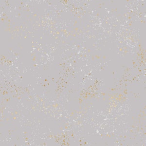 May include: A seamless pattern with a light gray background and a scattered pattern of small white and gold dots.