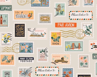 Rifle Paper Co. - Bon Voyage - Postage Stamps - Flax Metallic Fabric-sold by the half yard, cut continuously