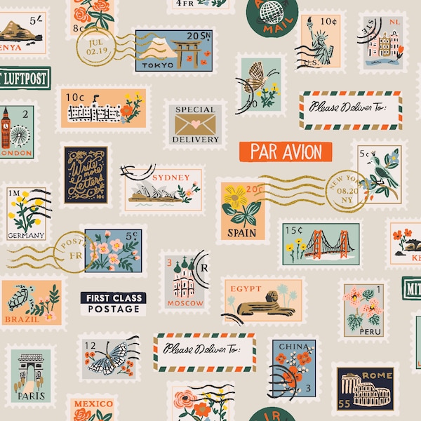 Rifle Paper Co. - Bon Voyage - Postage Stamps - Flax Metallic Fabric-sold by the half yard, cut continuously