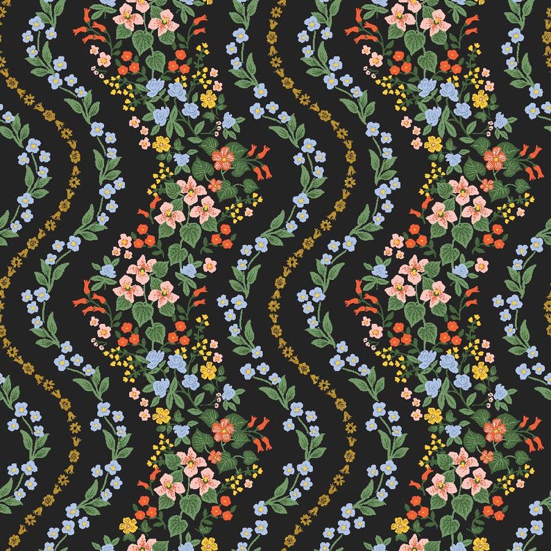 May include: A repeating pattern of colorful flowers and foliage on a black background. The design features pink, orange, yellow, and blue flowers, with green leaves and stems. Wavy gold lines add a decorative element.