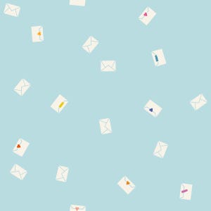 May include: A light blue background with a repeating pattern of white envelopes. Some envelopes have colorful heart or flag-like accents. The envelopes are scattered across the background.