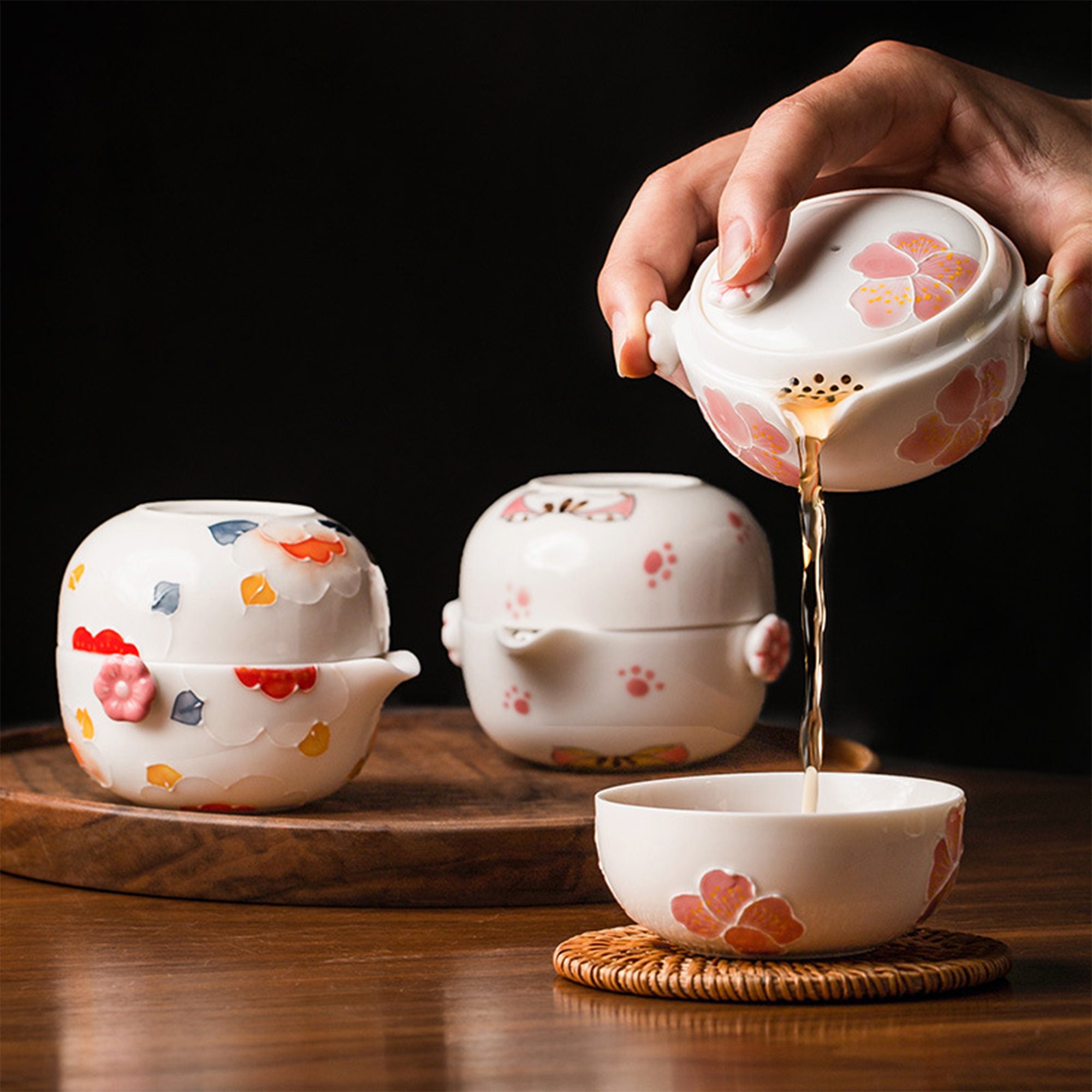 Portable travel tea set cherry blossom ceramic teapot with teacups