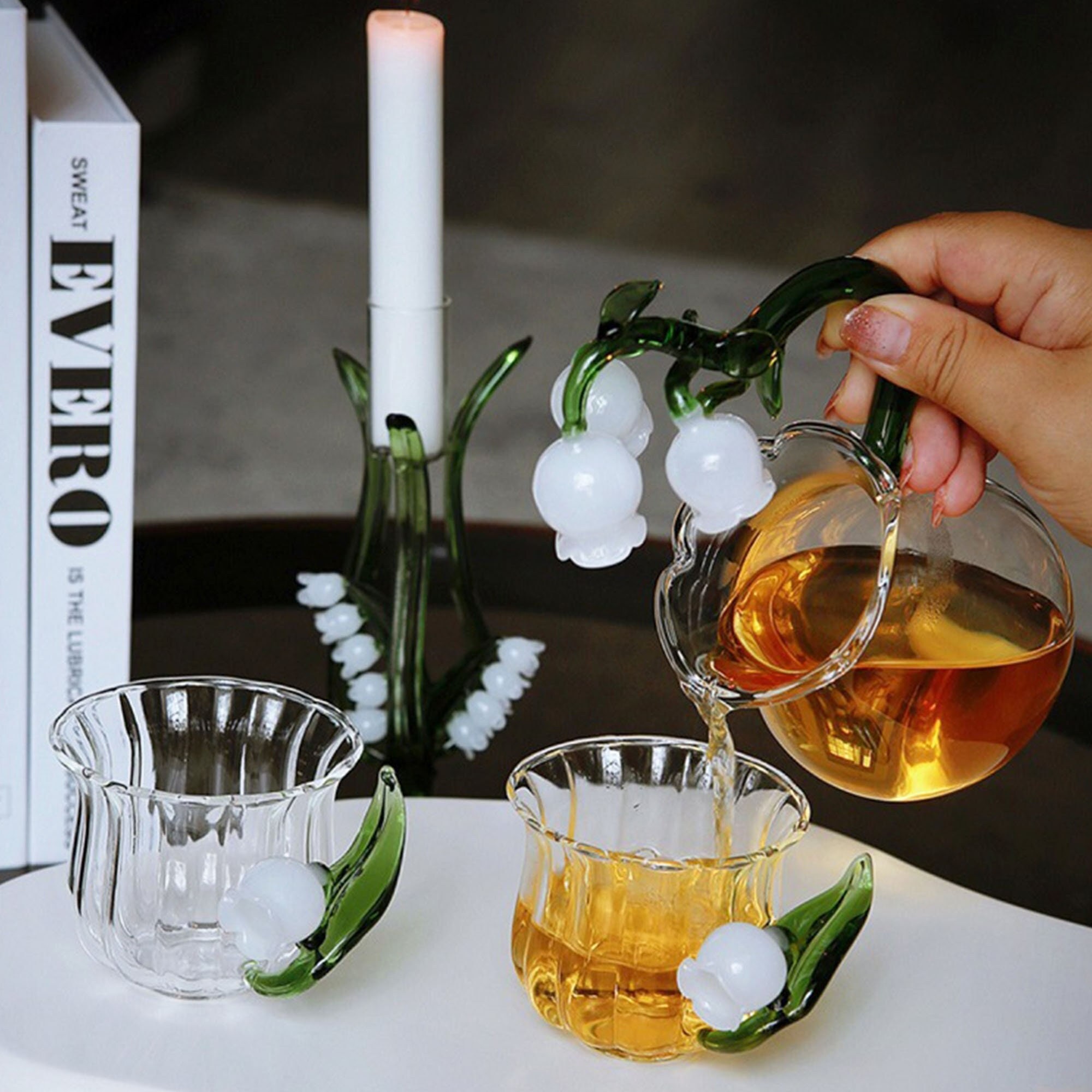Glass Tea Set With Cognac Handle