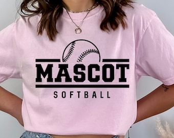 May include: A pink t-shirt with a black softball graphic and the text "MASCOT SOFTBALL".