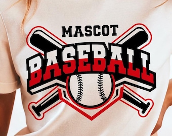 May include: White t-shirt with a red, white, and black baseball graphic. The graphic features two crossed bats, a baseball, and the text "Mascot Baseball".