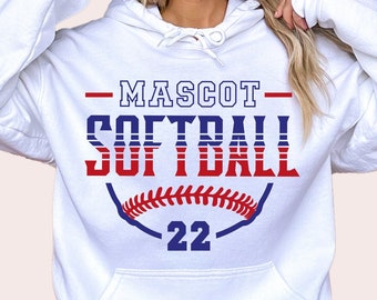 May include: White hooded sweatshirt with a red, white, and blue graphic that says "Mascot Softball 22".