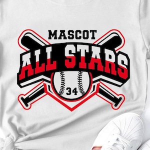 All Stars Baseball Softball Team SVG PNG – Editable Mascot Logo Shirt Design with Jersey Number, Cricut Cut File, Custom All-Star Template