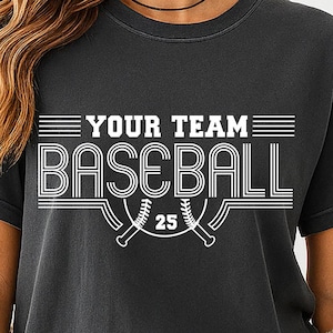 Retro Baseball Team SVG PNG design featuring editable player number and team name. Great for Cricut crafts and personalized shirts for game day.