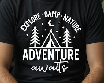 SVG de "Aventura te espera", diseño de camiseta de camping, clipart para actividades al aire libre (descarga digital)