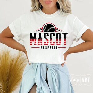 May include: White t-shirt with a red and black baseball graphic and the text "MASCOT BASEBALL".