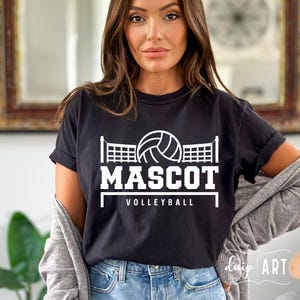 May include: Black t-shirt with a white volleyball graphic and the text "MASCOT VOLLEYBALL".