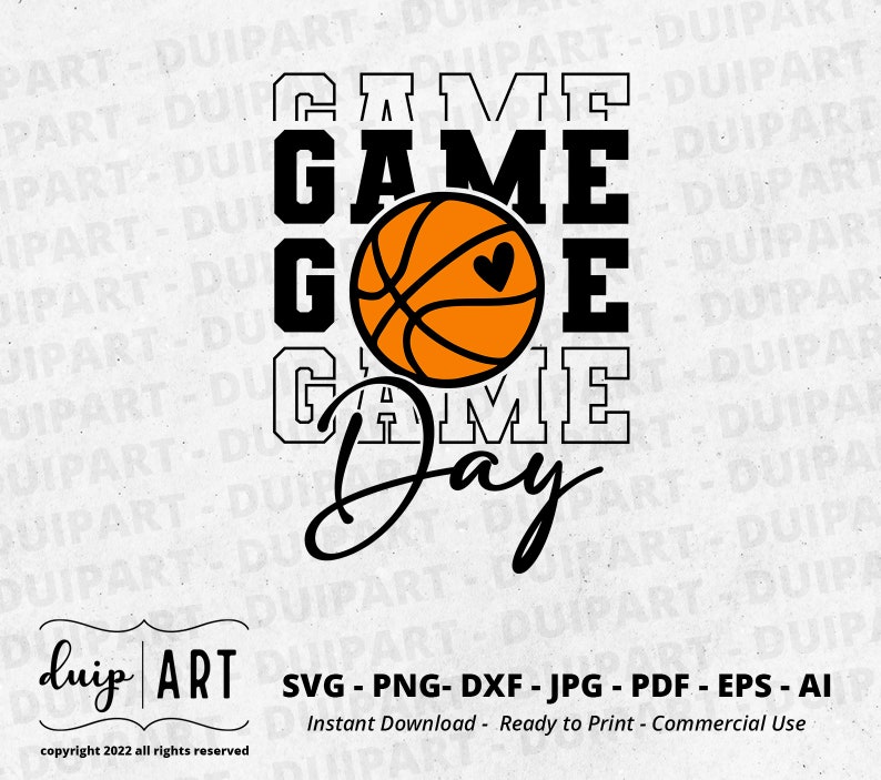 Puede incluir: Dise&ntilde;o gr&aacute;fico en blanco y negro con el texto "Game Day" y una pelota de baloncesto con un coraz&oacute;n en el centro. El texto "Game" se repite cuatro veces en el dise&ntilde;o.