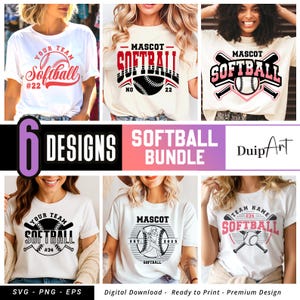 Op de afbeelding: Een collectie van zes witte t-shirts met softball-thema ontwerpen. Elk shirt heeft tekst en afbeeldingen, waaronder de woorden "Softball", "Mascot" en teamnummers. De ontwerpen bevatten knuppels, softballs en verschillende lettertypen. De afbeelding bevat ook de tekst "6 DESIGNS SOFTBALL BUNDLE."