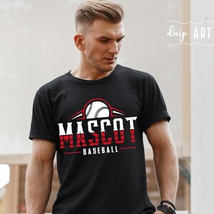 May include: A black t-shirt with a white baseball graphic and the text "MASCOT BASEBALL" in red and white.