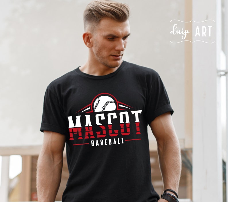 May include: A black t-shirt with a white baseball graphic and the text "MASCOT BASEBALL" in red and white.