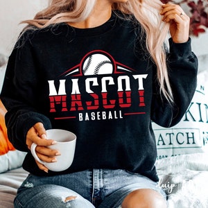 May include: Black sweatshirt with a red and white baseball graphic and the text "MASCOT BASEBALL".